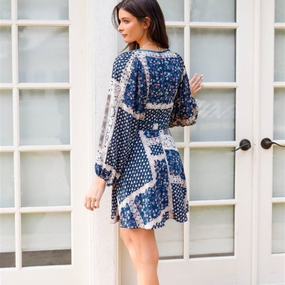 Floral & Paisley Print Balloon Long Sleeve Mini Dress - Picture 11 of 12